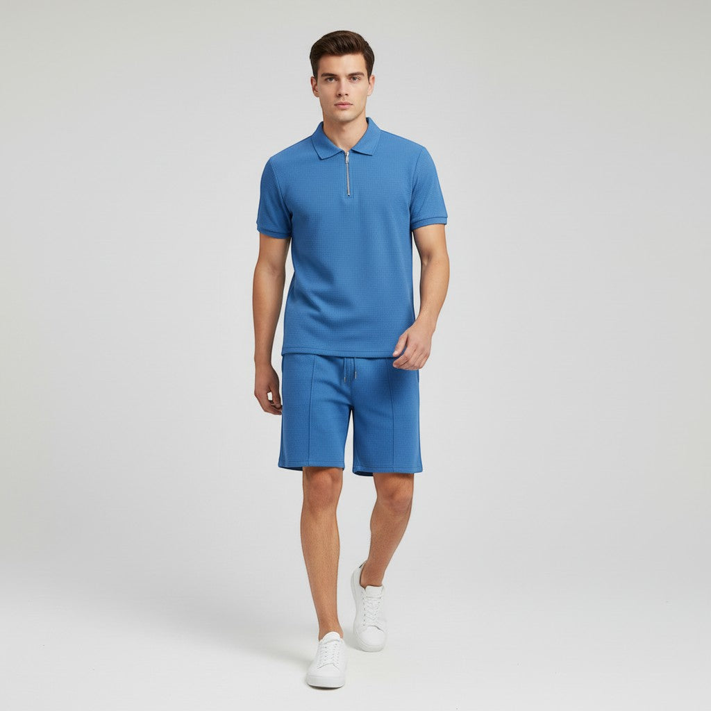 Men’s Waffle Knit Polo Shirt and Shorts Set-Bon Voyage Vintage