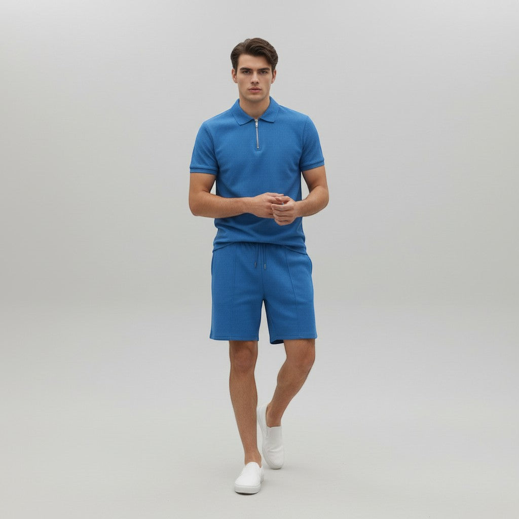 Men’s Waffle Knit Polo Shirt and Shorts Set-Bon Voyage Vintage