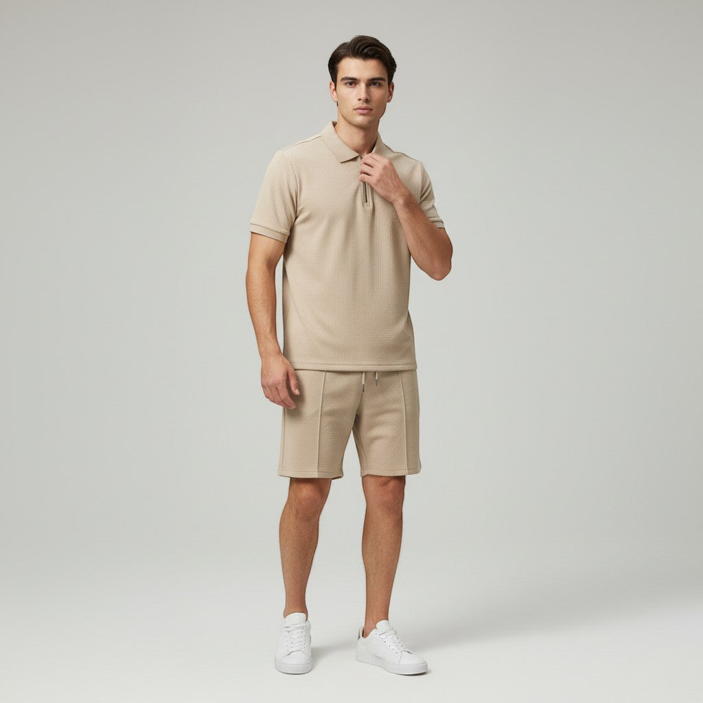 Men’s Waffle Knit Polo Shirt and Shorts Set-Bon Voyage Vintage