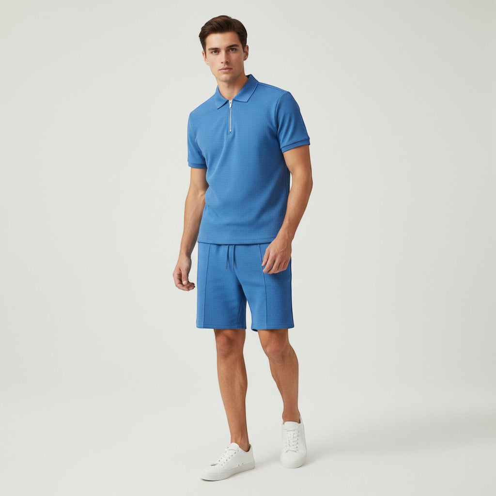 Men’s Waffle Knit Polo Shirt and Shorts Set-Bon Voyage Vintage
