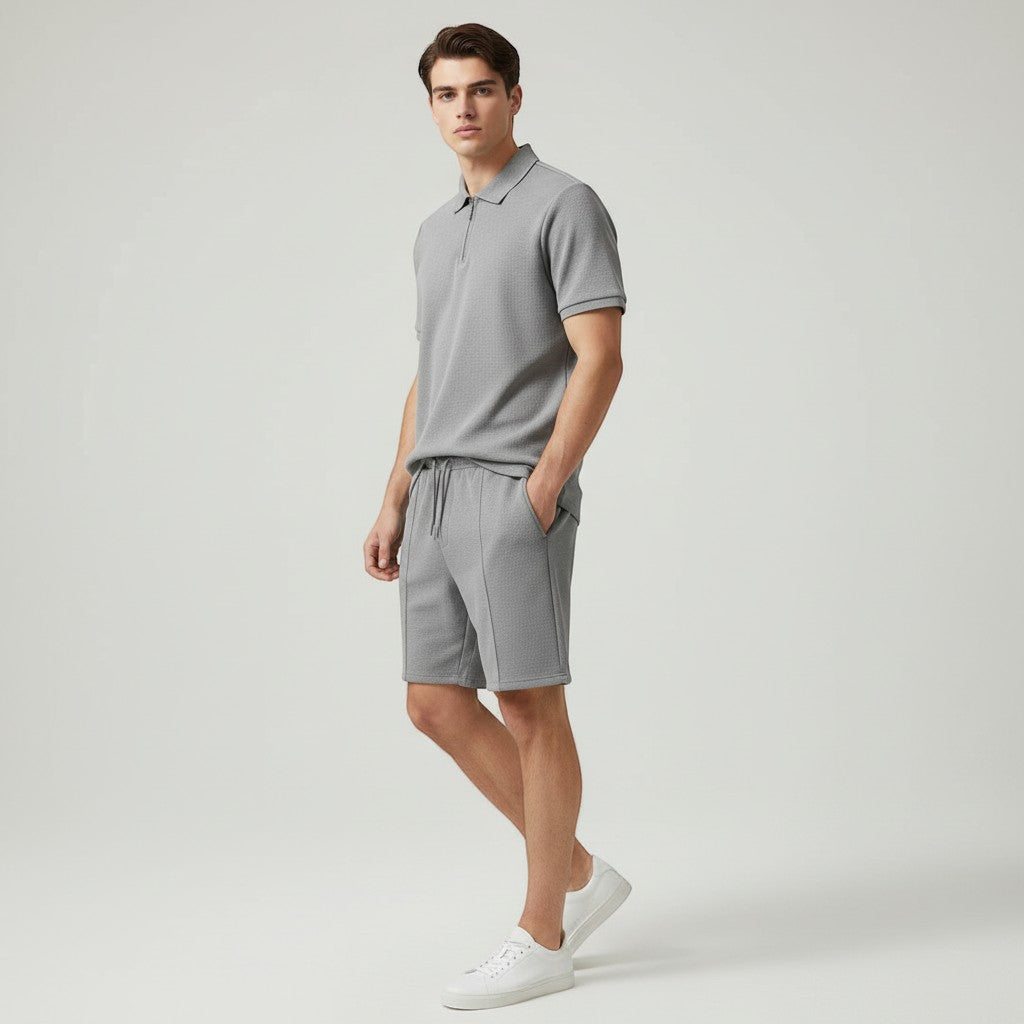 Men’s Waffle Knit Polo Shirt and Shorts Set-Bon Voyage Vintage