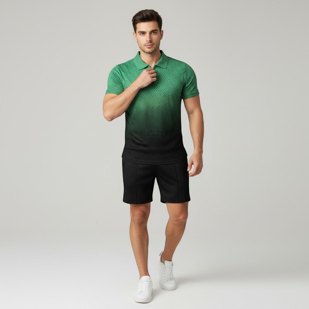 Men’s Zip Neck Polo Shirt and Shorts Set-Bon Voyage Vintage