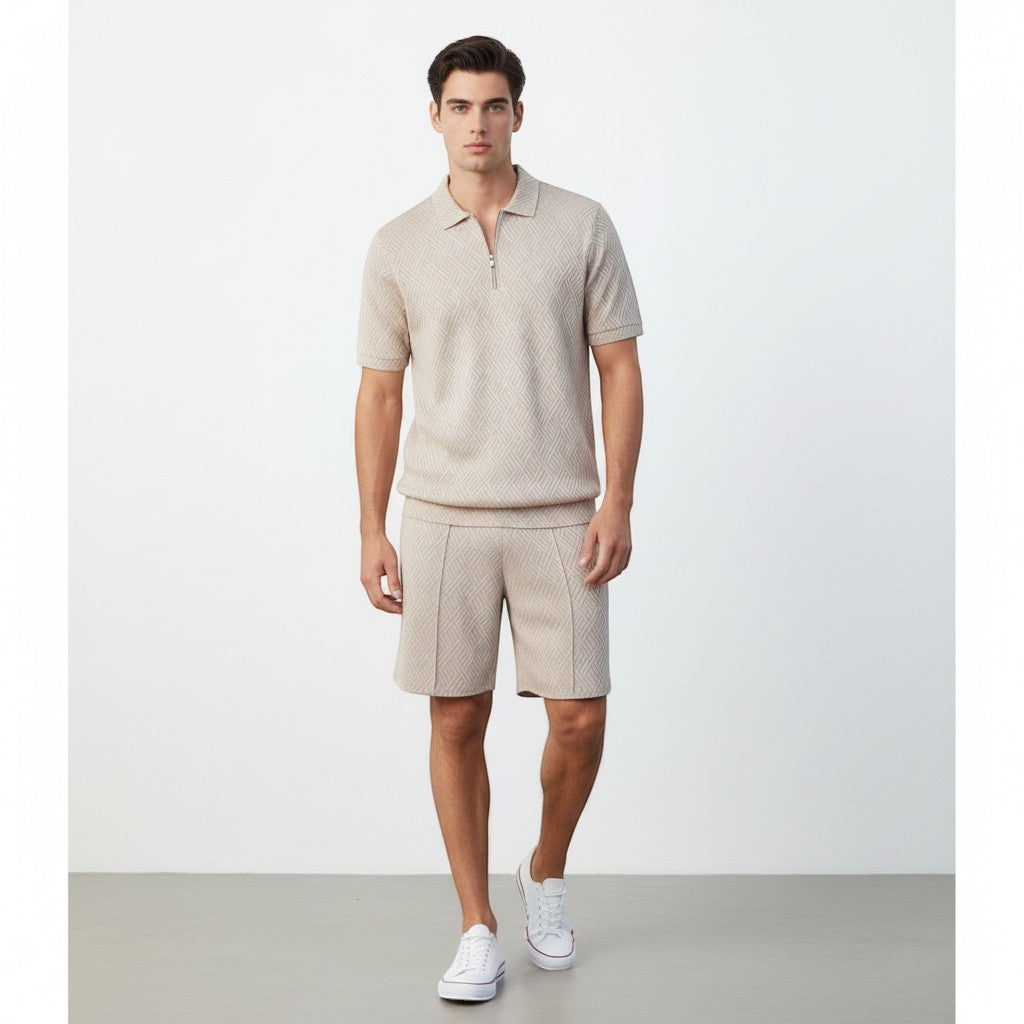 Men’s Zip Neck Polo Shirt and Shorts Set-Bon Voyage Vintage