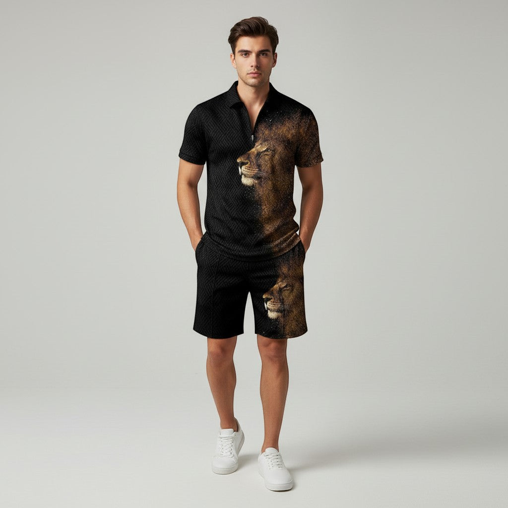 Men’s Zip Neck Polo Shirt and Shorts Set-Bon Voyage Vintage