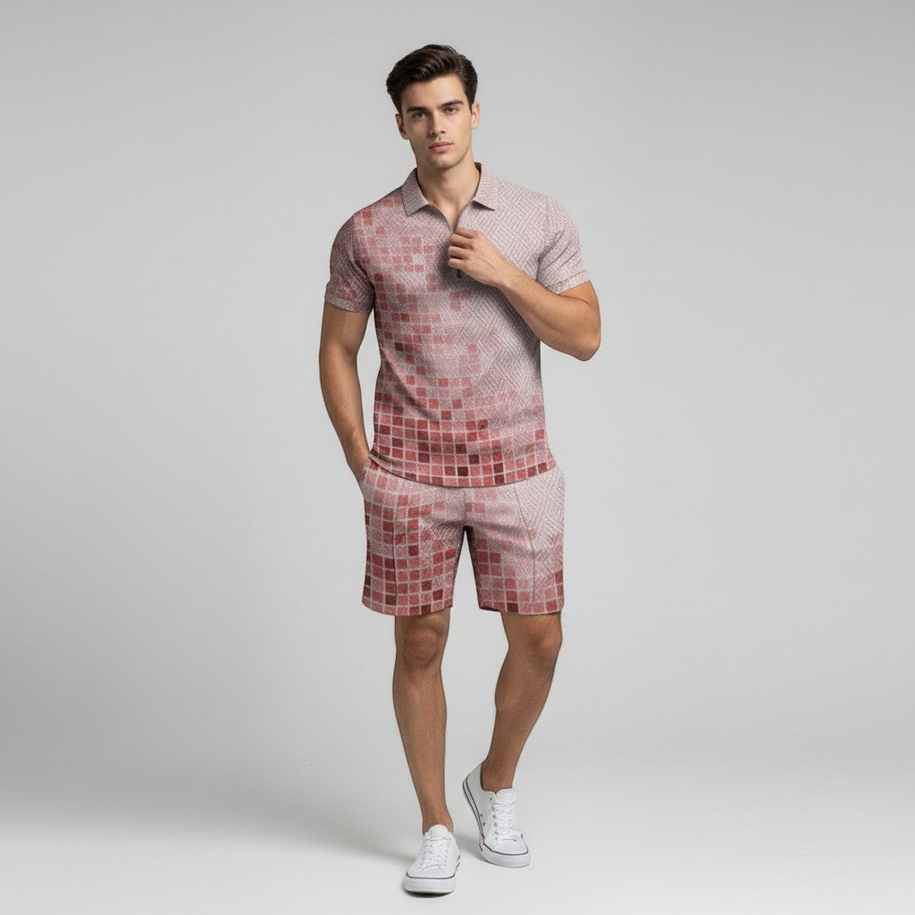Men’s Zip Neck Polo Shirt and Shorts Set-Bon Voyage Vintage