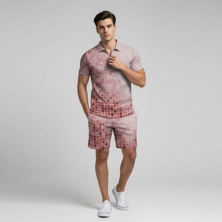 Men’s Zip Neck Polo Shirt and Shorts Set-Bon Voyage Vintage