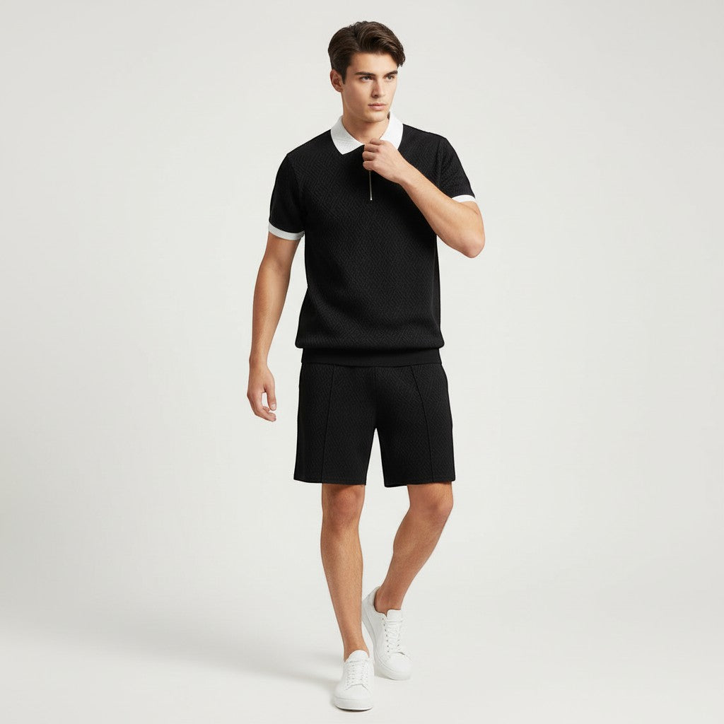 Men’s Zip Neck Polo Shirt and Shorts Set-Bon Voyage Vintage