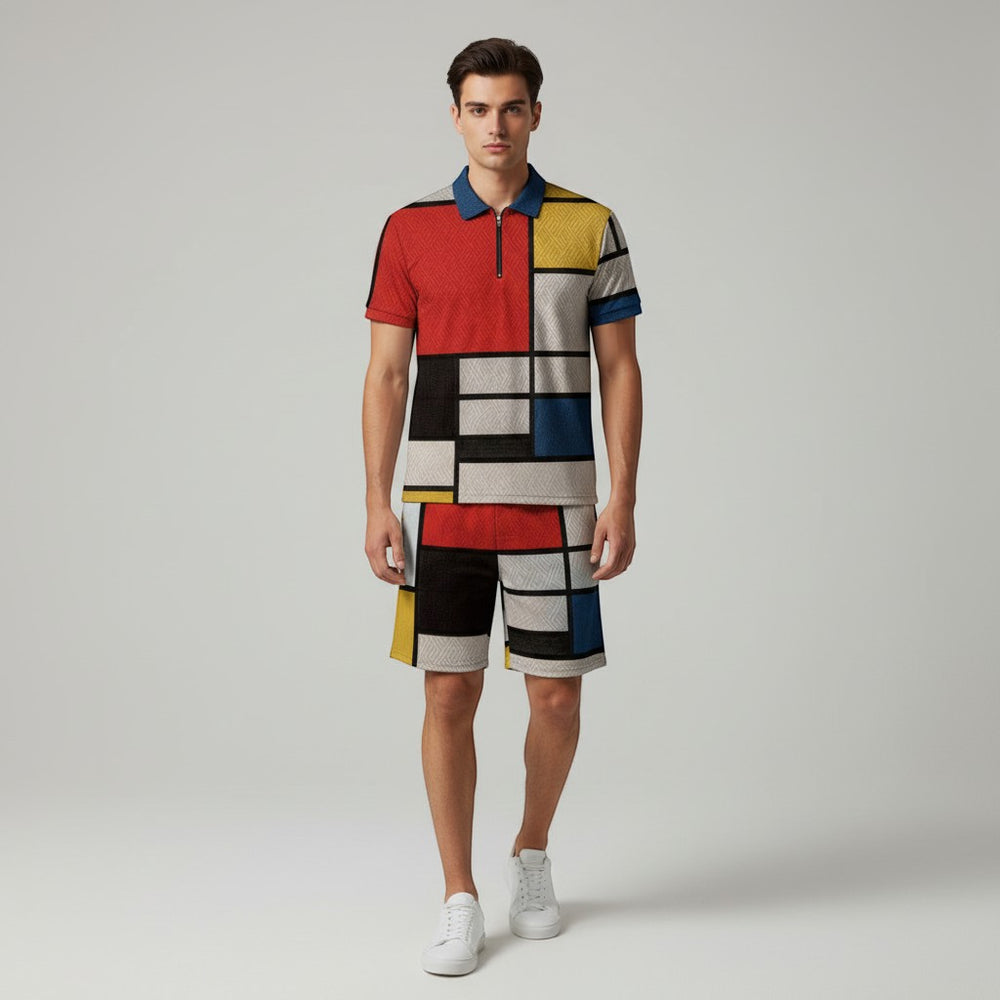Men’s Zip Neck Polo Shirt and Shorts Set-Bon Voyage Vintage