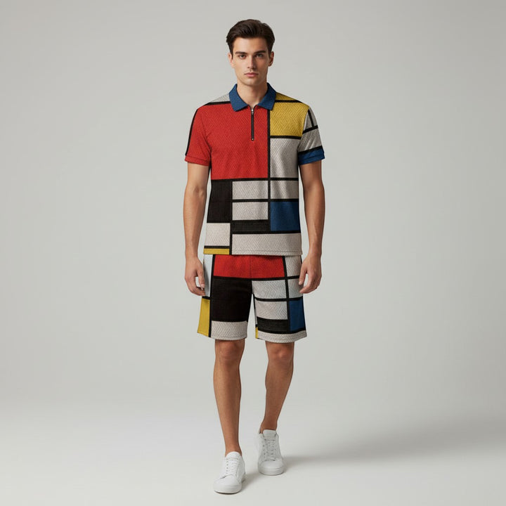 Men’s Zip Neck Polo Shirt and Shorts Set-Bon Voyage Vintage