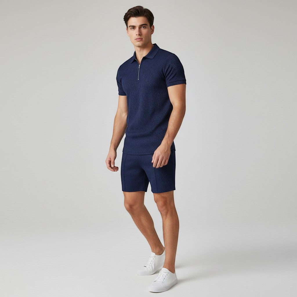 Men’s Zip Neck Polo Shirt and Shorts Set-Bon Voyage Vintage