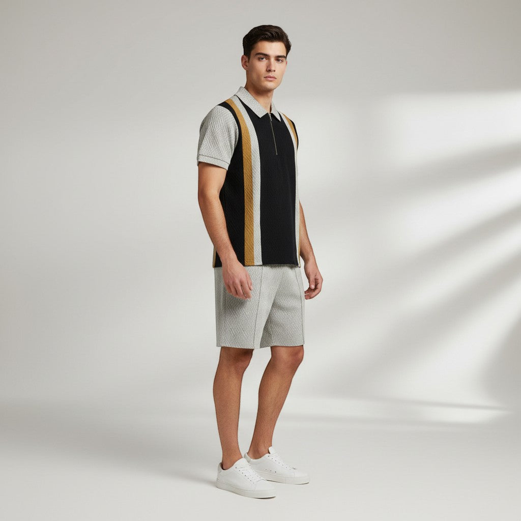 Men’s Zip Neck Polo Shirt and Shorts Set-Bon Voyage Vintage