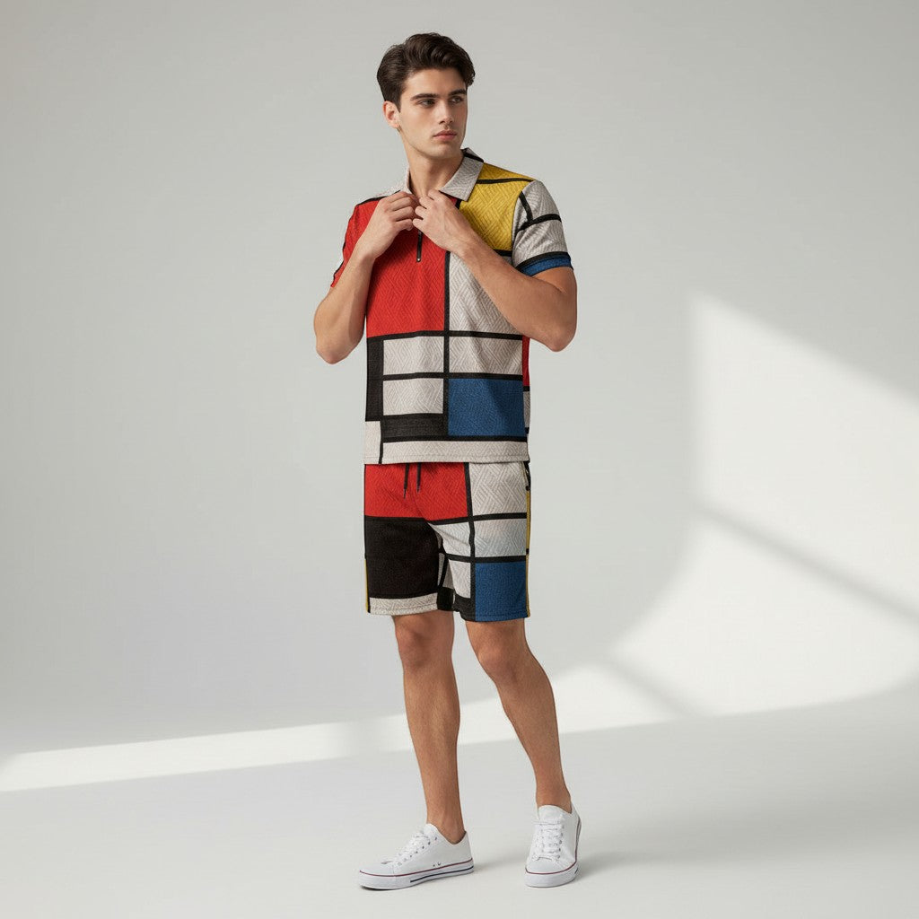 Men’s Zip Neck Polo Shirt and Shorts Set-Bon Voyage Vintage