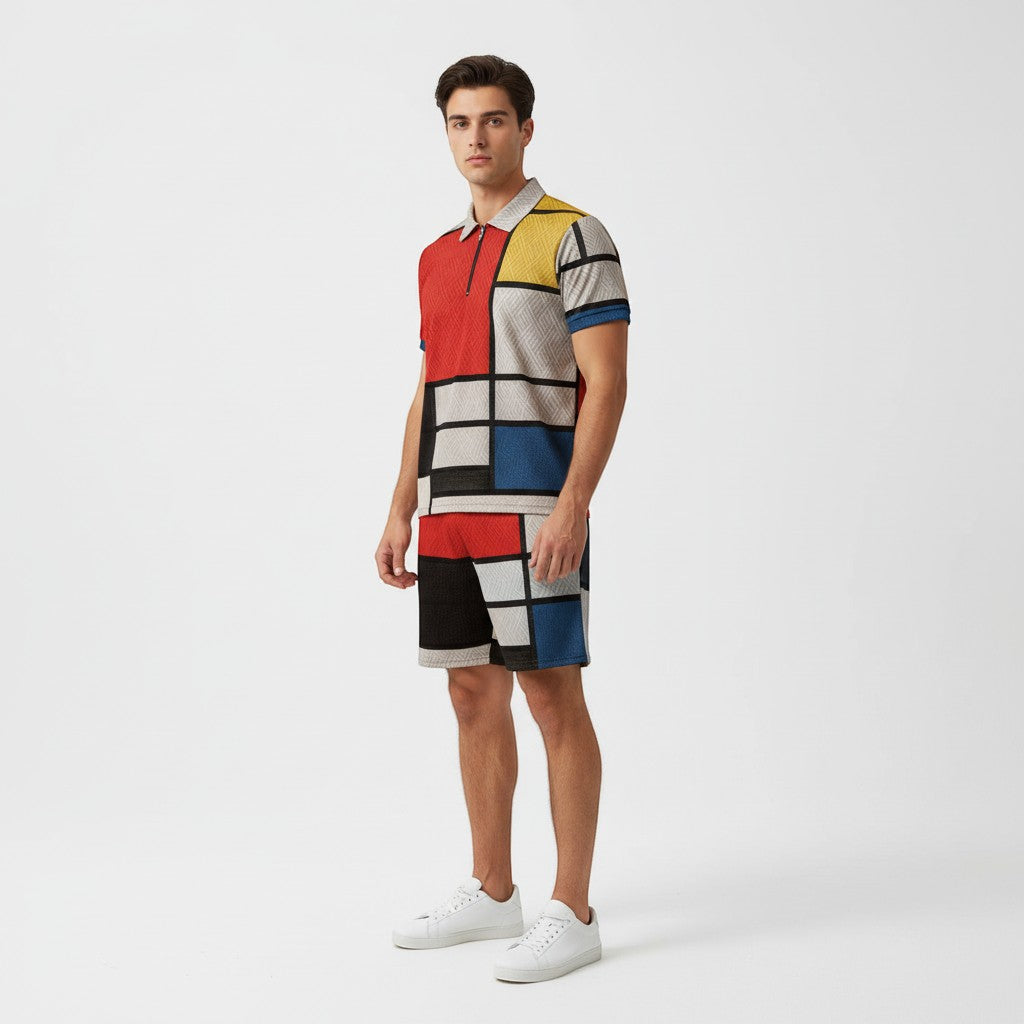 Men’s Zip Neck Polo Shirt and Shorts Set-Bon Voyage Vintage