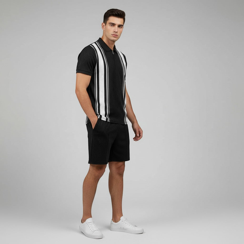 Men’s Zip Neck Polo Shirt and Shorts Set-Bon Voyage Vintage