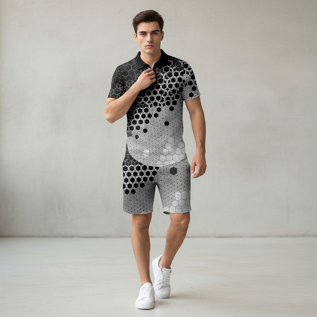 Men’s Zip Neck Polo Shirt and Shorts Set-Bon Voyage Vintage