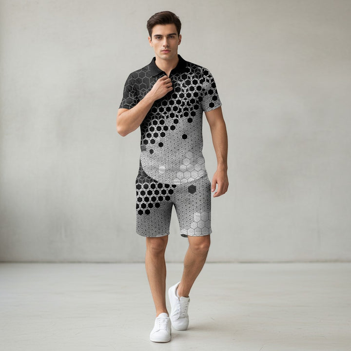 Men’s Zip Neck Polo Shirt and Shorts Set-Bon Voyage Vintage