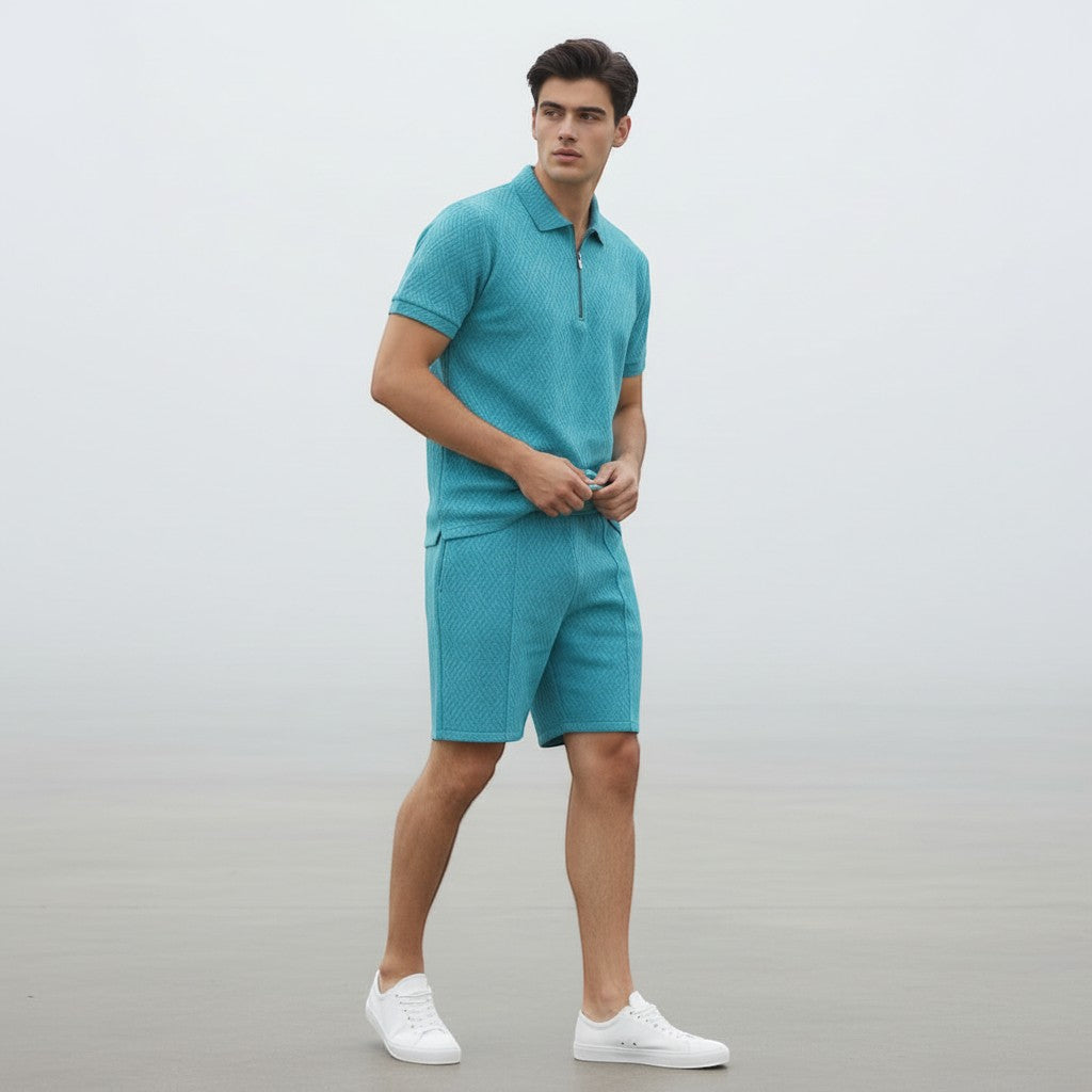 Men’s Zip Neck Polo Shirt and Shorts Set-Bon Voyage Vintage