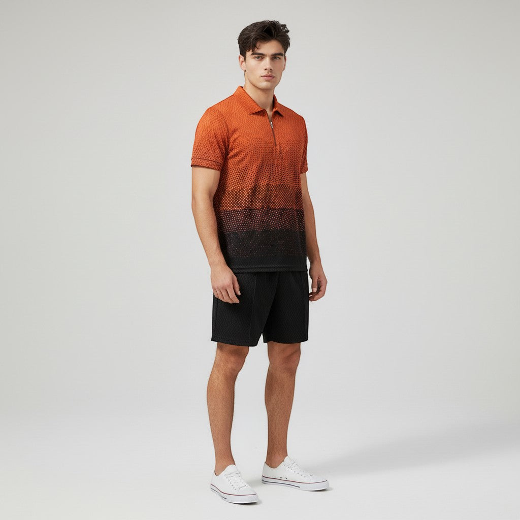 Men’s Zip Neck Polo Shirt and Shorts Set-Bon Voyage Vintage