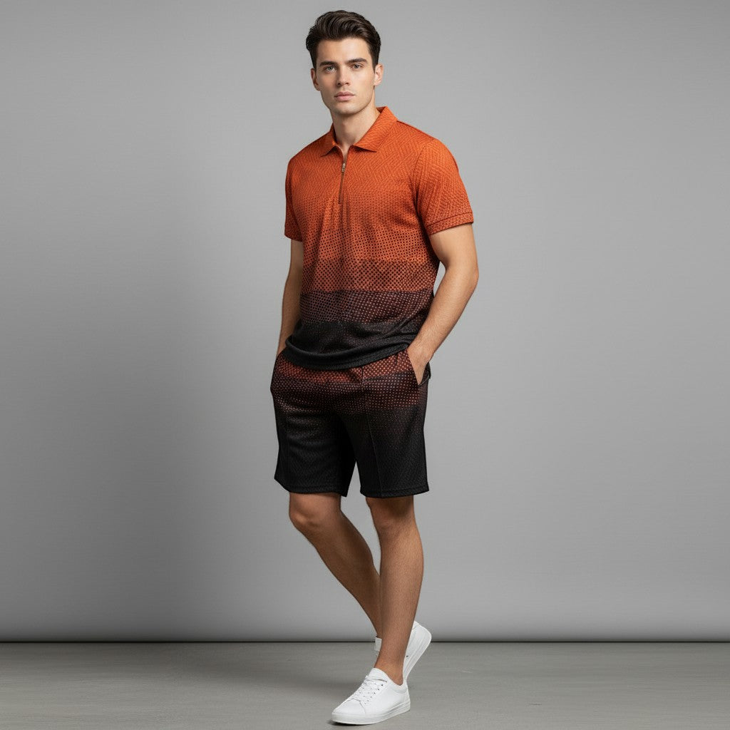 Men’s Zip Neck Polo Shirt and Shorts Set-Bon Voyage Vintage