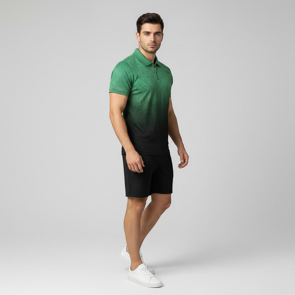 Men’s Zip Neck Polo Shirt and Shorts Set-Bon Voyage Vintage