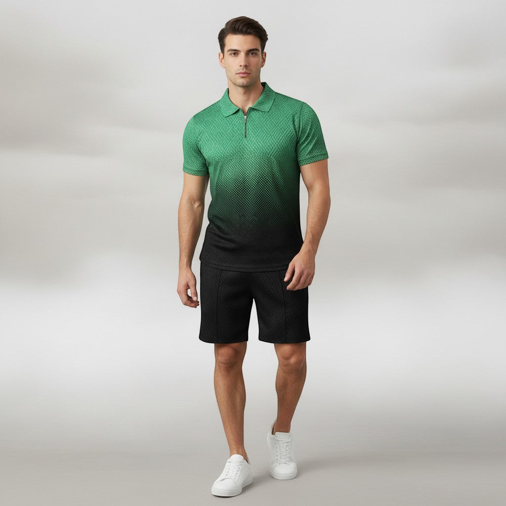 Men’s Zip Neck Polo Shirt and Shorts Set-Bon Voyage Vintage
