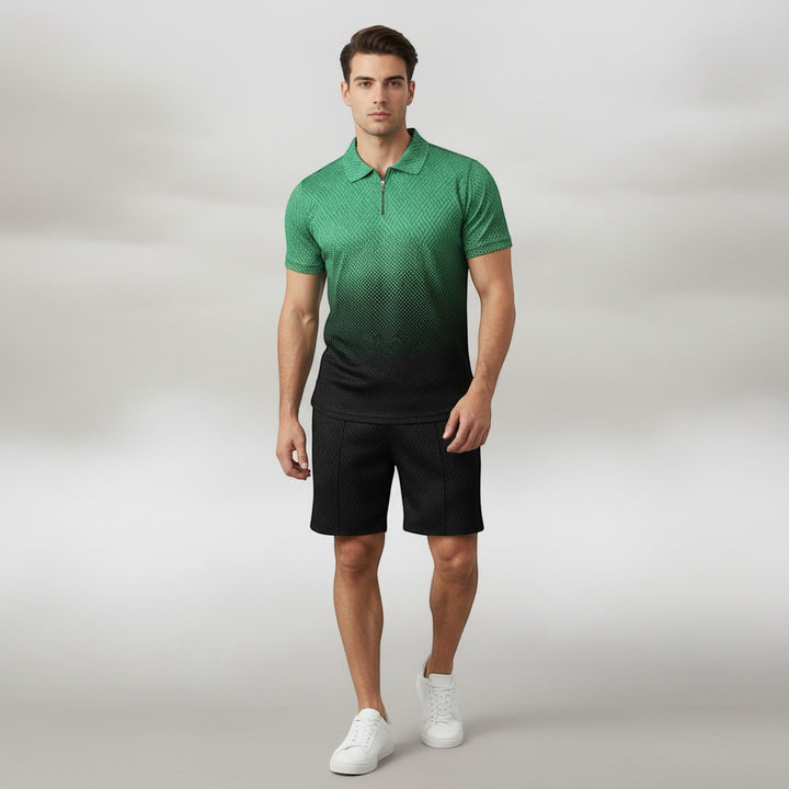 Men’s Zip Neck Polo Shirt and Shorts Set-Bon Voyage Vintage