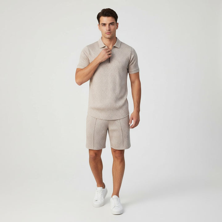 Men’s Zip Neck Polo Shirt and Shorts Set-Bon Voyage Vintage