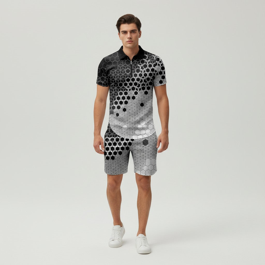 Men’s Zip Neck Polo Shirt and Shorts Set-Bon Voyage Vintage