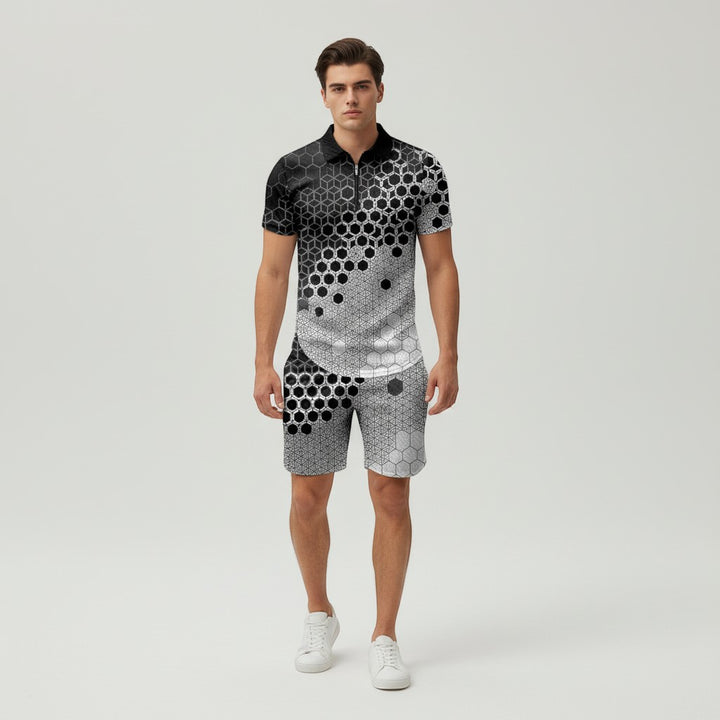 Men’s Zip Neck Polo Shirt and Shorts Set-Bon Voyage Vintage