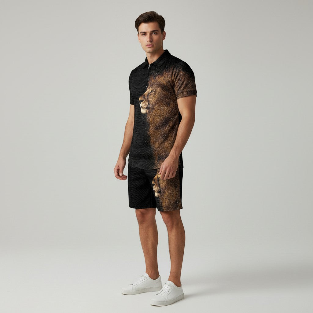 Men’s Zip Neck Polo Shirt and Shorts Set-Bon Voyage Vintage