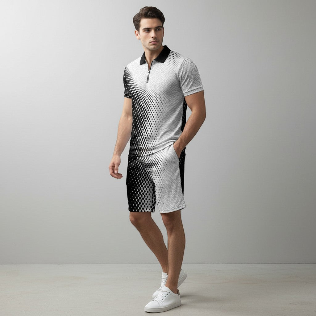 Men’s Zip Neck Polo Shirt and Shorts Set-Bon Voyage Vintage
