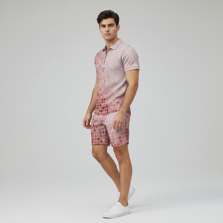 Men’s Zip Neck Polo Shirt and Shorts Set-Bon Voyage Vintage