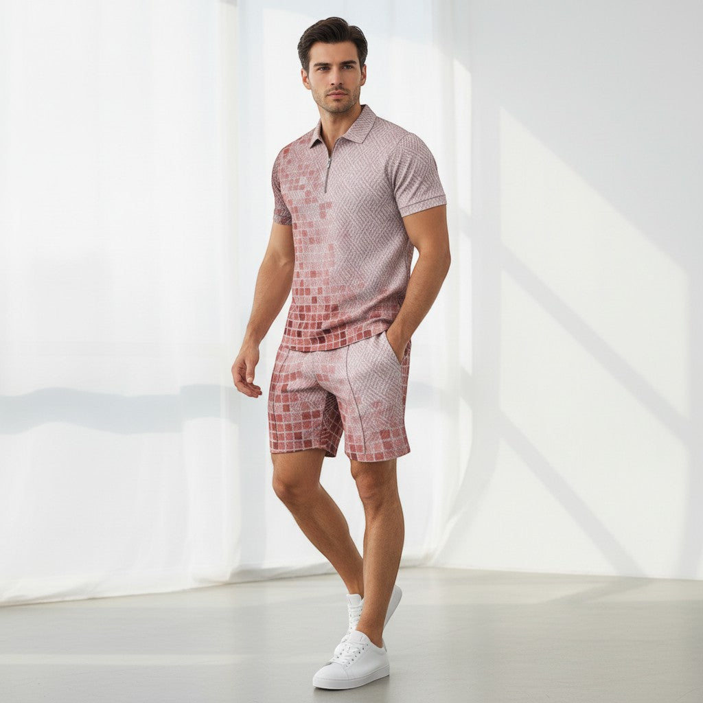 Men’s Zip Neck Polo Shirt and Shorts Set-Bon Voyage Vintage