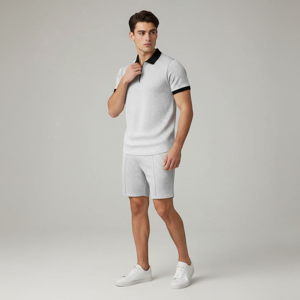 Men’s Zip Neck Polo Shirt and Shorts Set-Bon Voyage Vintage