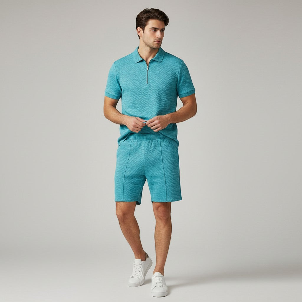 Men’s Zip Neck Polo Shirt and Shorts Set-Bon Voyage Vintage