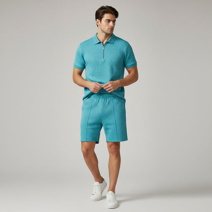 Men’s Zip Neck Polo Shirt and Shorts Set-Bon Voyage Vintage