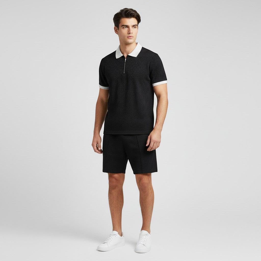 Men’s Zip Neck Polo Shirt and Shorts Set-Bon Voyage Vintage