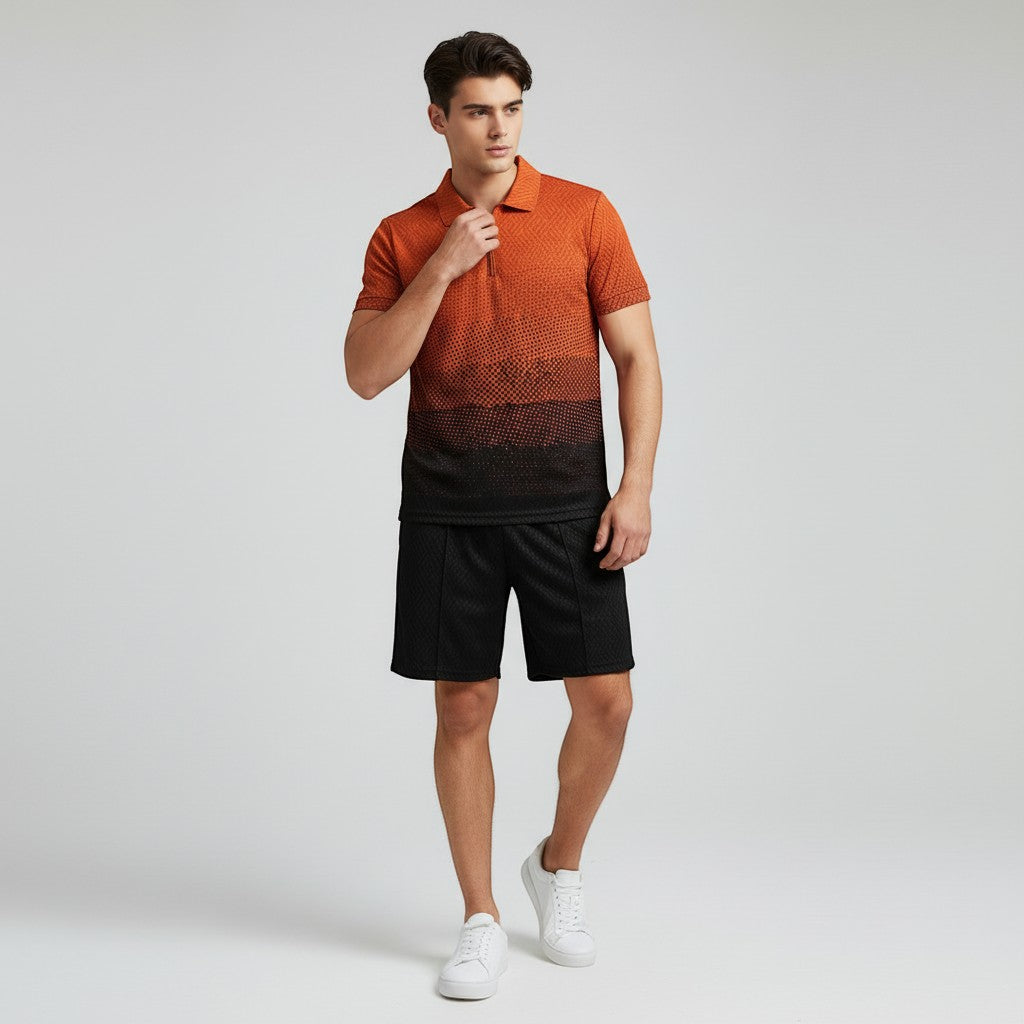 Men’s Zip Neck Polo Shirt and Shorts Set-Bon Voyage Vintage
