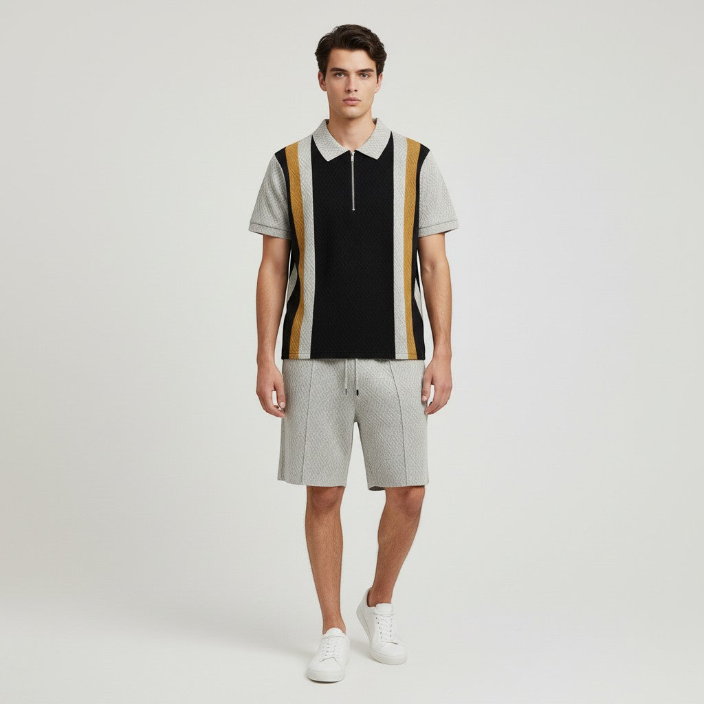 Men’s Zip Neck Polo Shirt and Shorts Set-Bon Voyage Vintage