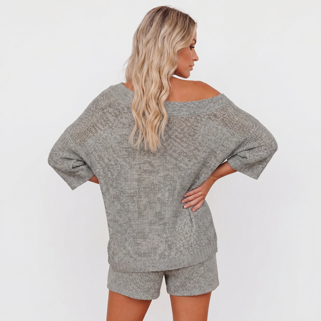 Off Shoulder Sweater and Shorts Two Piece Knit Set-Bon Voyage Vintage