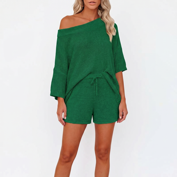 Off Shoulder Sweater and Shorts Two Piece Knit Set-Bon Voyage Vintage
