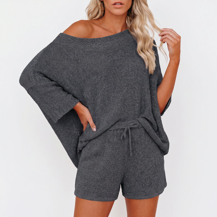 Off Shoulder Sweater and Shorts Two Piece Knit Set-Bon Voyage Vintage