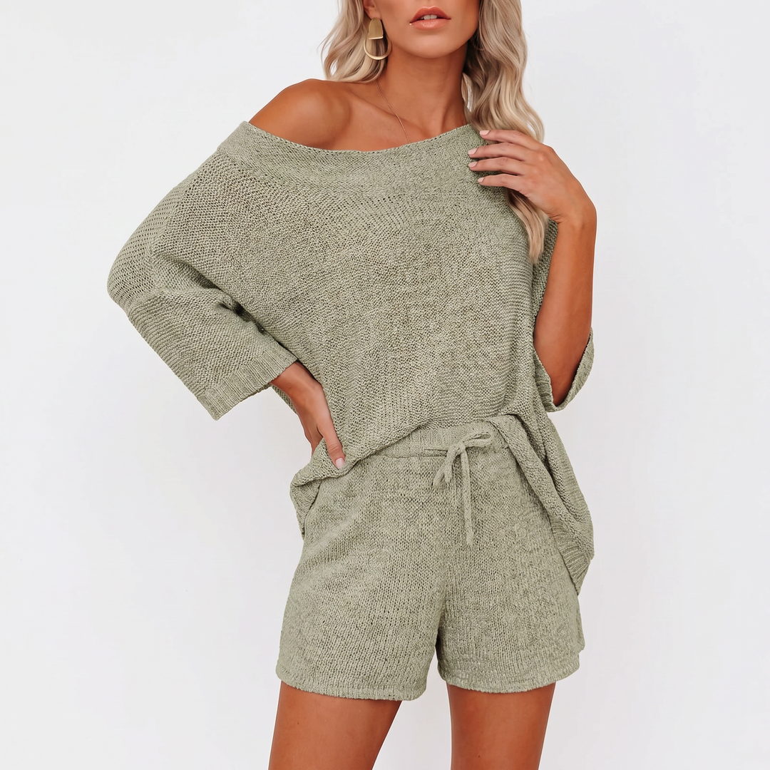 Off Shoulder Sweater and Shorts Two Piece Knit Set-Bon Voyage Vintage