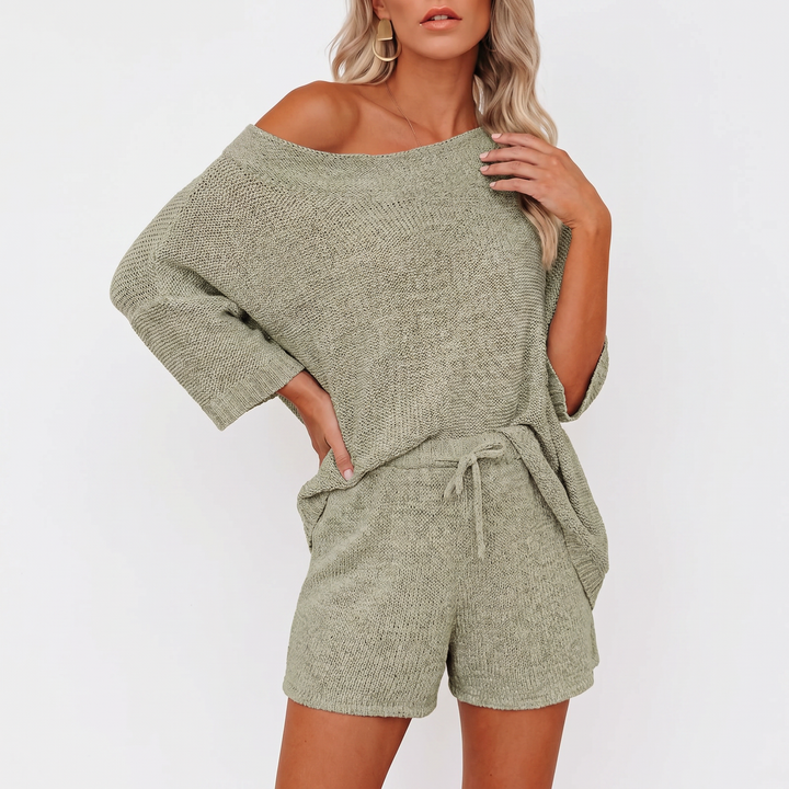 Off Shoulder Sweater and Shorts Two Piece Knit Set-Bon Voyage Vintage