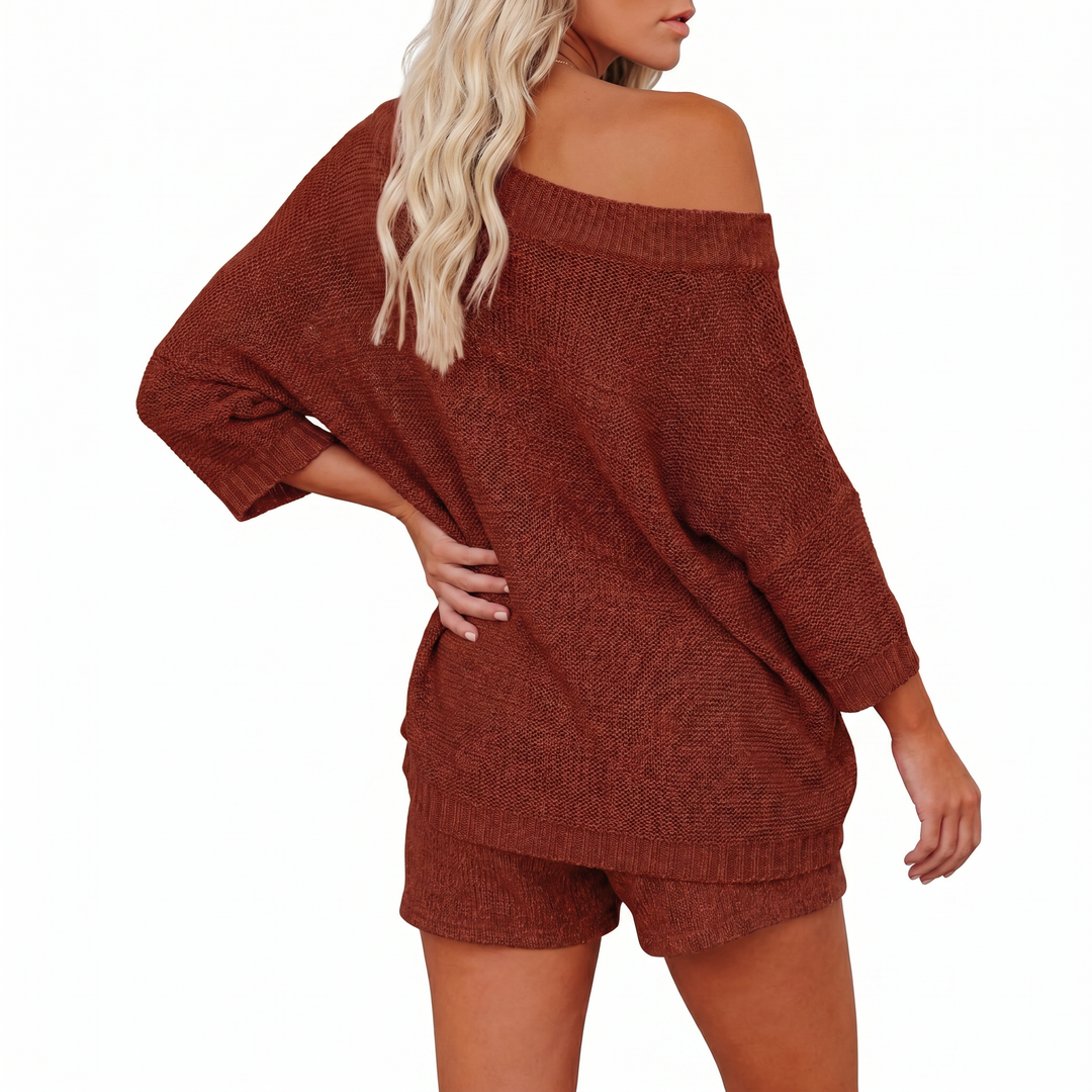 Off Shoulder Sweater and Shorts Two Piece Knit Set-Bon Voyage Vintage