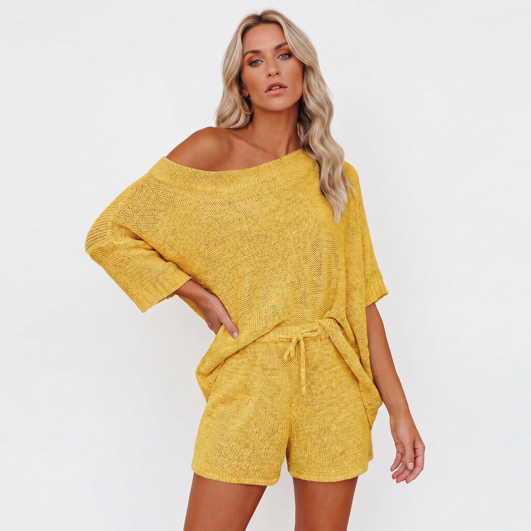 Off Shoulder Sweater and Shorts Two Piece Knit Set-Bon Voyage Vintage