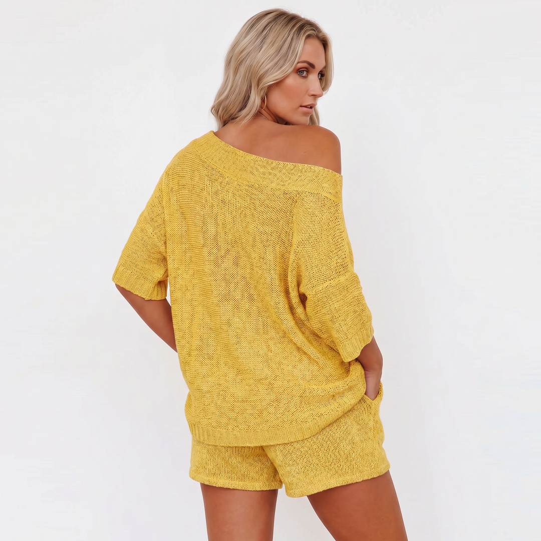 Off Shoulder Sweater and Shorts Two Piece Knit Set-Bon Voyage Vintage