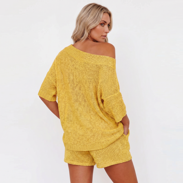 Off Shoulder Sweater and Shorts Two Piece Knit Set-Bon Voyage Vintage