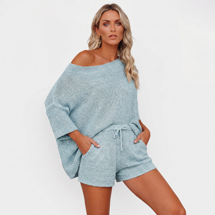 Off Shoulder Sweater and Shorts Two Piece Knit Set-Bon Voyage Vintage