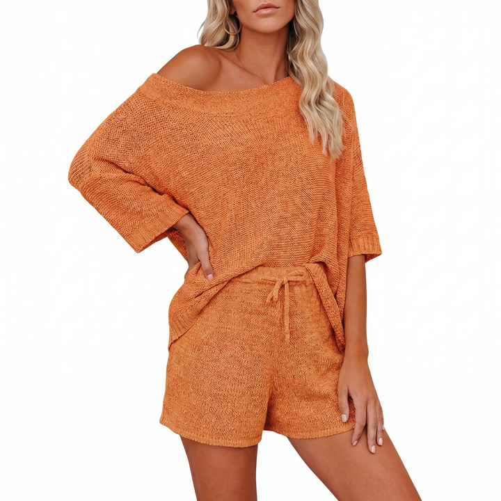 Off Shoulder Sweater and Shorts Two Piece Knit Set-Bon Voyage Vintage
